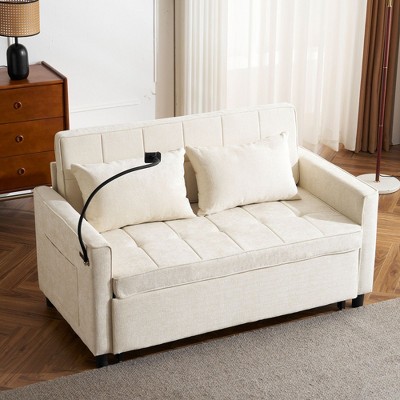 NicBex 56.9 Inch Pull-out Sofa Bed Loveseat Sofa with 2 USB Ports,Side Pockets and Phone Holder for Living Room,Apartment,Office,Beige