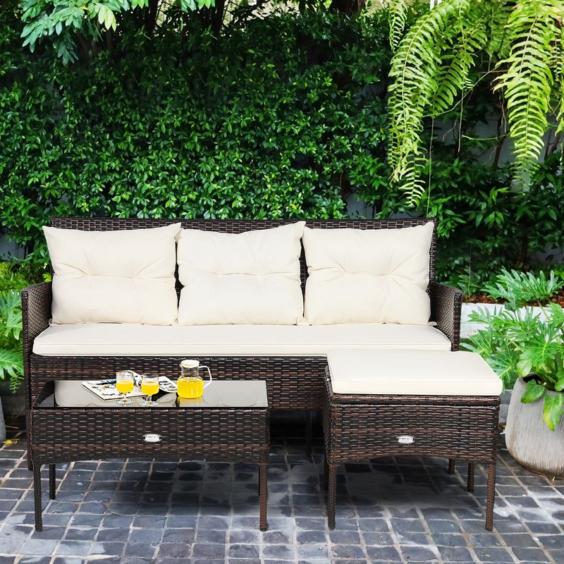 Tangkula 3 PCS Patio Furniture Set Outdoor All Weather Wicker Conversation Set w/Cushioned Ottoman & Side Table, 3 of 11