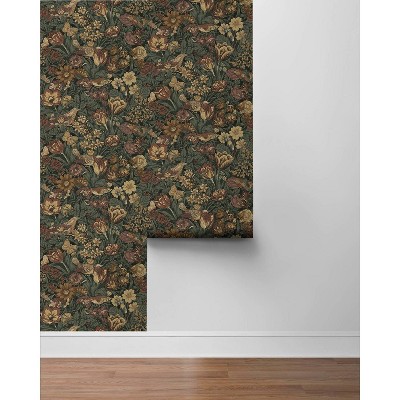 Mahogany and Graphite Bird Floral Peel and Stick Wallpaper
