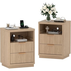Set of 2 Fluted Farmhouse Nightstands with Charging Station, Modern Mid-Century Bedroom Bedside Tables, 1-Drawer Nightstands with Metal Handles - 1 of 4