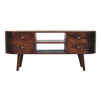 43" Solid Mango Wood TV Stand California Rounded Entertainment Unit with 4 Drawers, Nordic Legs, and Rounded Edges for Living Room and Bedroom