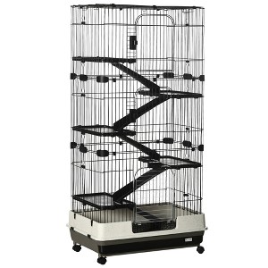 SKYONE 32" White Small Animal Cage with 4 Lockable Wheels, Slide-out Tray, Platforms & Ramps - - 1 of 4