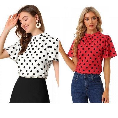 INSPIRE CHIC Women's Polka Dots Stand Collar Pleat Keyhole Back Short Flare Sleeve Tops 2 Packs