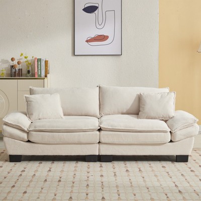 FURNIinspire Corduroy Sofa with Pillows Comfy Upholstered Deep Seat Sofa for Bedroom, Living Room, Dorm-Beige Corduroy, 84*32*32