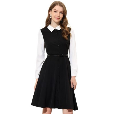 Allegra K Women's Work Button Front Dress Long Sleeve Contrast Collar Shirt Dresses