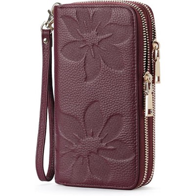 Hachikiko Women's Large Capacity RFID Blocking Double Zip Wristlet Wallet - Soft Glossy Pebble Leather Card Phone Holder Clutch