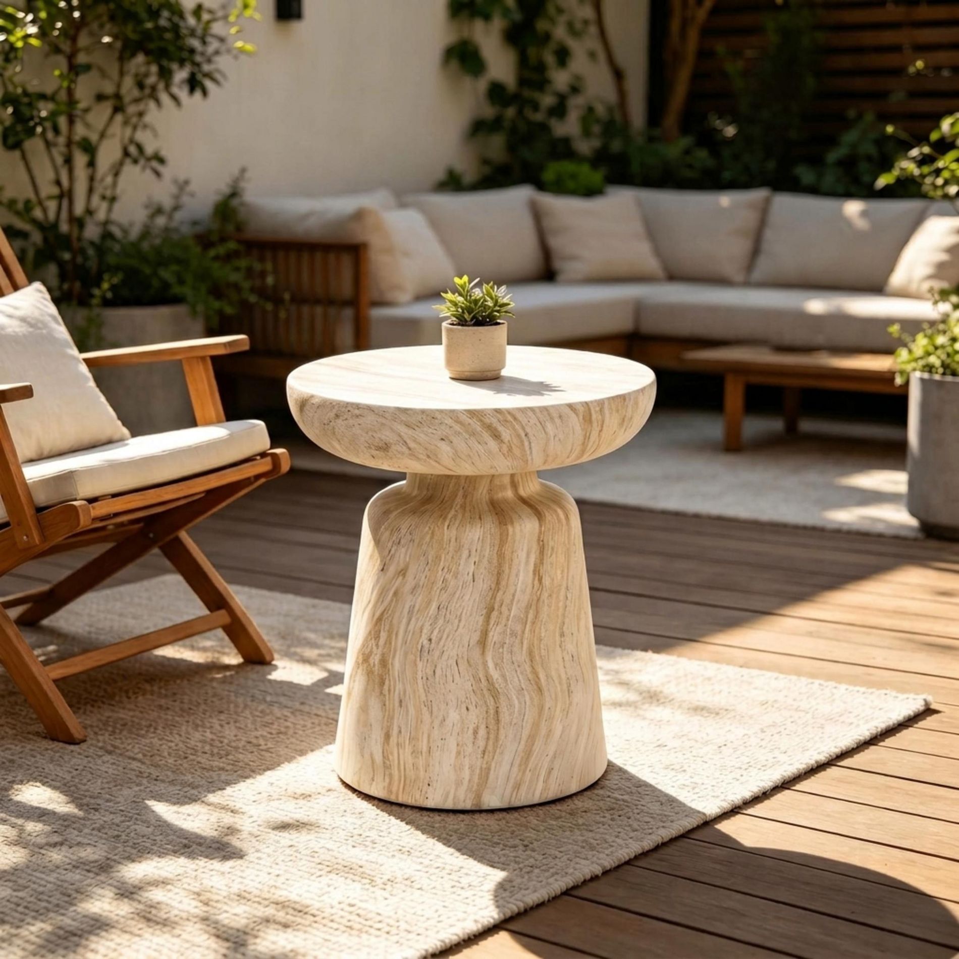 GDFStudio Yarik Modern Lightweight Concrete Patio Round Side Table, Brown
