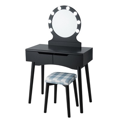 Tangkula Vanity Table Set w/ Lighted Makeup Dresser Mirror & Drawers Black