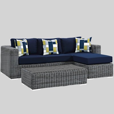 Summon 3pc Outdoor Patio Sunbrella Sectional Set - Navy - Modway