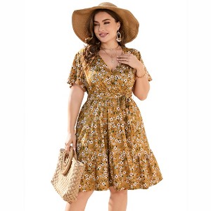 Clearlove Summer Plus Size V Neck Wrap Dress High Waisted Short Sleeves Summer Casual Midi Dress with Belt - 1 of 4