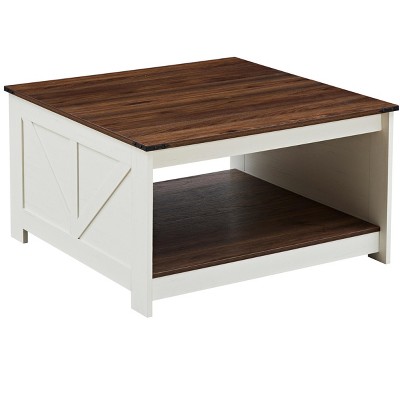 Vynxaria Farmhouse Coffee Table - Rustic Square Cocktail Table with Half Open Storage, Walnut & Ivory, 2-Tier Design for Living & Meeting Rooms