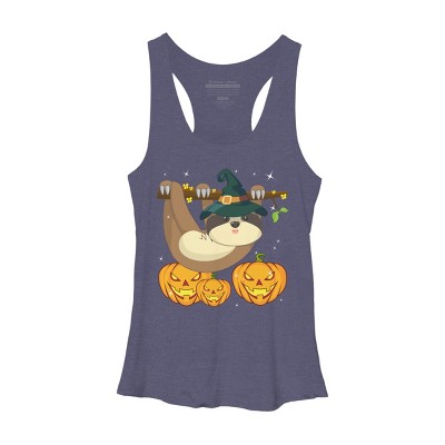 Women's Design By Humans Funny Witch Sloth With Jack O Lantern Halloween T-Shirt By thebeardstudio Racerback Tank Top