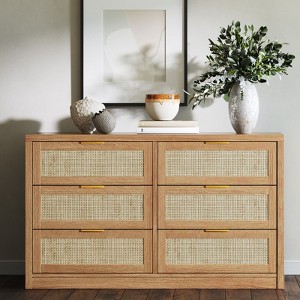 6 Drawer Dresser for Bedroom, Rattan Chest of Drawers with Gold Handle, 52.7"W Storage Dressers Organizer, Entryway Console Table - 1 of 4