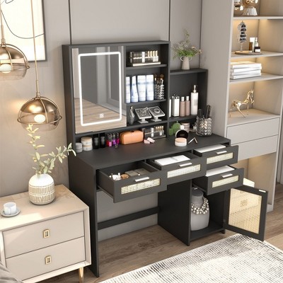 Black MDF Makeup Vanity with Mirror and Rattan Accents