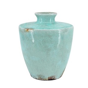 HomeRoots 12" Aqua Terracotta Crackle Glaze Round Table Vase - 1 of 4