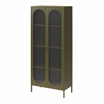 Olive Green Tall Metal Cabinet with Fluted Glass Doors