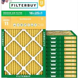 Filterbuy 16x25x1 Air Filter (12-Pack), Pleated MERV 11 Allergen Defense Replacement HVAC AC Furnace Filters (Actual Size: 15.50 x 24.50 x 0.75) - 1 of 4