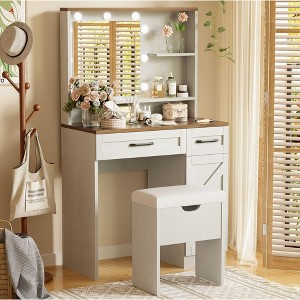 53.10"Farmhouse Makeup Vanity Desk with Mirror and Lights, 3 Lighting Modes, Vanity Set with Stool, Dressing Table, White - 1 of 4