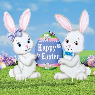 Happy Easter Bunnies and Egg Metal Yard Stake