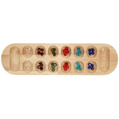 22 Inch Natural Wood Mancala Board Game with Glass Stones