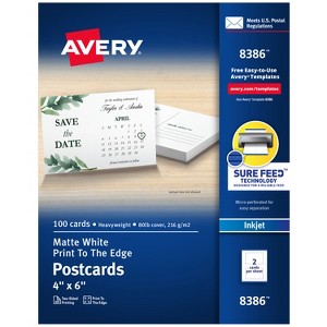 Avery Printable Postcards with Sure Feed Technology, 4" x 6", Matte White, 100 Blank Postcards for Inkjet Printers (8386) - 1 of 4