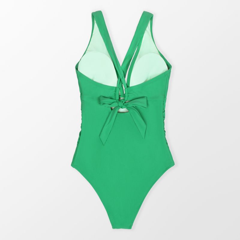 Women's Plus Size One Piece Swimsuit  Deep V Neck Ruched Self Tie Bathing Suit -Cupshe - Green, 3 of 6