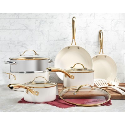 Cream and Gold 15-Piece Nonstick Ceramic Cookware Set