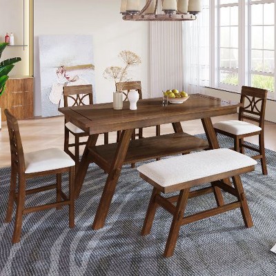 NicBex 6-Piece Farmhouse Counter Height Dining Set, 60" Table with Storage Shelf, 4 Chairs & Bench, Rustic Kitchen Table Set