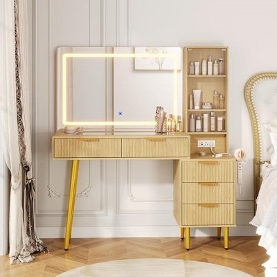 EcoSummer Vanity Desk with LED Lighted Mirror & Power Outlet, Fluted Makeup Table with 5 Drawers for Bedroom