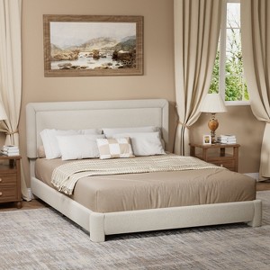 Dyonery Boucle Bed Frame,Upholstered Bed Frame with Headboard,Modern Cream Bed Frame,Soft Rounded Corners,No Box Spring Required,Adjustable Headboard - 1 of 4