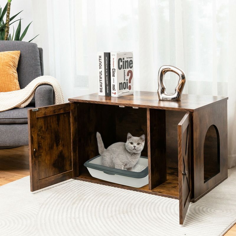 Costway Wooden Cat Litter Box Enclosure Hidden Cabinet Furniture w/ Divider Pet House, 3 of 11