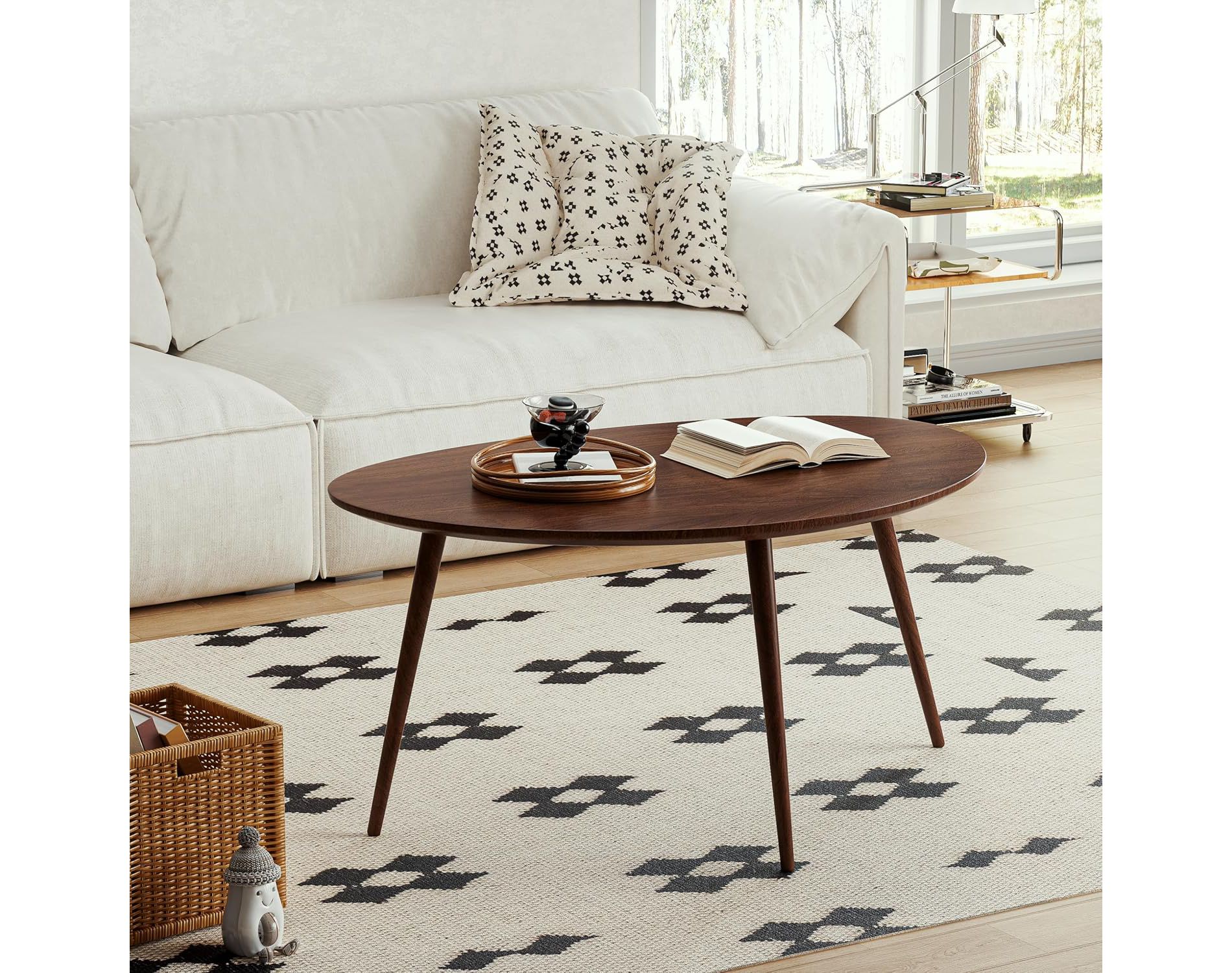 GDFStudio Adolph Mid-Century Modern 33.46" W Solid Oak Wood Oval Coffee Table with Three Legs, Walnut