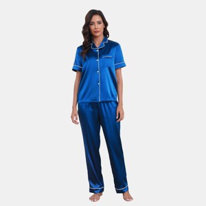 Women's Satin Short Sleeve Button Front Down Shirt & Pants Pajama Sets - Cupshe - 1 of 4