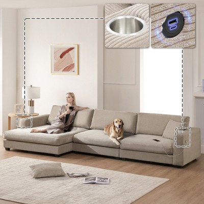 134" Oversized Corduroy L-Shaped Sectional Sofa with 50" Chaise, USB Charging Port & Cup Holders, Deep Wide Seat Cloud Couch