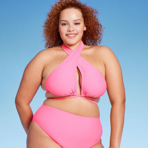 Bright pink Womens Plus Size Swim Halter Neck Tankini Top