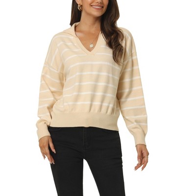 Seta T Women's Fall Casual Striped Long Sleeve Polo V Neck Pullover Drop Shoulder Knitted Sweater Tops