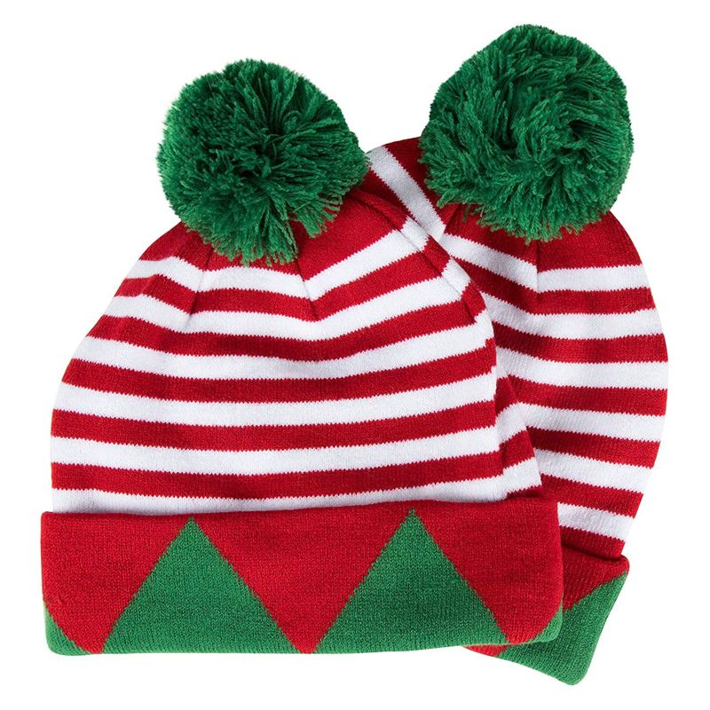 Juvale 2 Pack Christmas Elf Hats for Adults, Striped Holiday Beanies with Green Pom Poms, 1 of 6