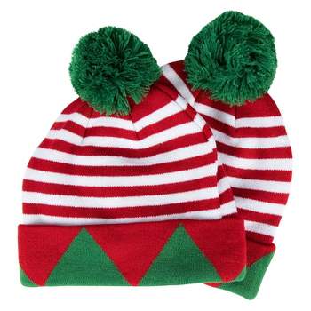 Juvale 2 Pack Christmas Elf Hats for Adults, Striped Holiday Beanies with Green Pom Poms