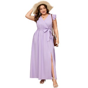 Plus Size Women's Cross V Neck Flutter Sleeve Dress with Belt High Slit Flowy Summer Maxi Dress - 1 of 4
