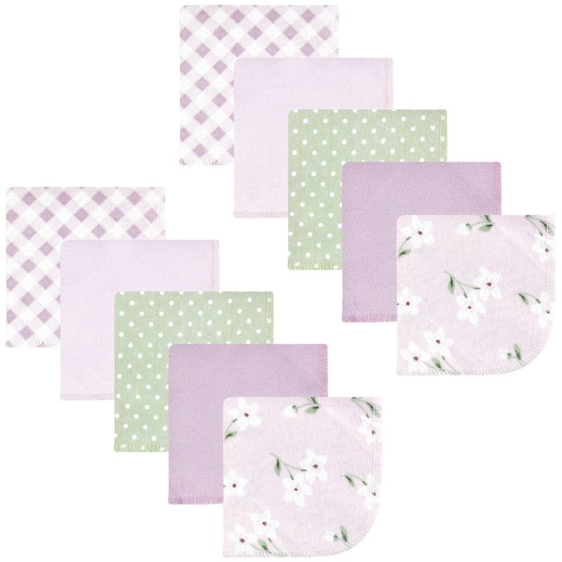 Hudson Baby Infant Girl Flannel Cotton Washcloths, Purple Dainty Floral 10 Pack, One Size, 1 of 8