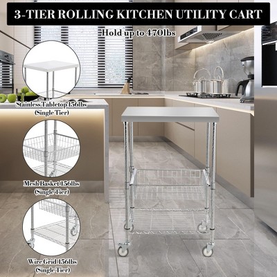 36.6in 3 Tiers Wire Rolling Kitchen Utility Cart, 470LBS Capacity Steel Kitchen Trolley