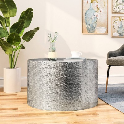 Silver Round Hammered Metal Indoor Coffee Table