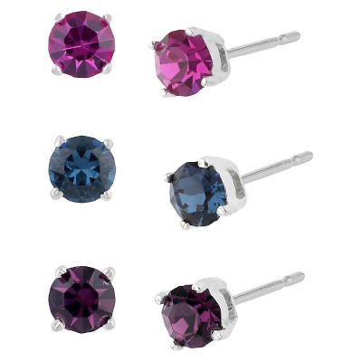 Women's Sterling Silver Stud Earrings Set with 3 Pairs of Crystal Studs