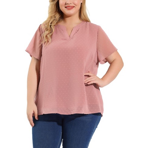 Agnes Orinda Women's Plus Size Pin Dots V-Neck Dressy Trendy Fashion Summer  Blouses Pink 4X