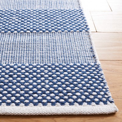 Ivory and Blue Striped 4' x 6' Wool Cotton Area Rug