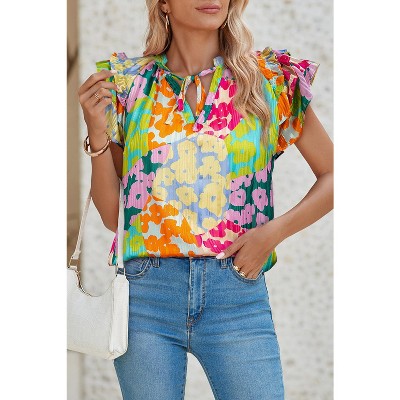 I AM A FASHION JUNKY Multicolour Leopard Flutter Sleeve V Neck Crinkled Blouse