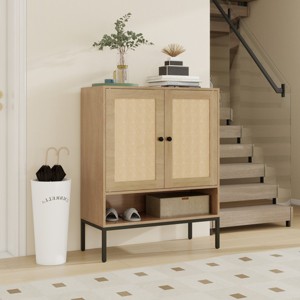 39.60"Rattan Shoe Cabinet with Adjustable Shelves, 5 Tier Shoe Storage Cabinet with Doors & Bottom Cubby, Wooden Shoes Rack , Natural - 1 of 4