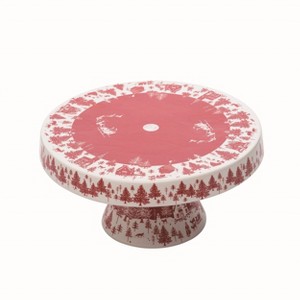 Transpac Dolomite 11.5 in. Multicolor Christmas Toile Cake Stand - 1 of 2
