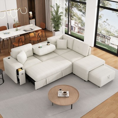 NicBex 86.6" L-shaped Sectional Sofa Pull-out Sofa Bed with Movable Ottoman, 2 USB Ports and 2 Cup Holders for Living Room
