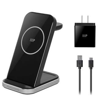 Monoprice 3‑in‑1 Wireless Charging Station for iPhone, Apple Watch, AirPods, Bundled with 3.0 Wall Charger, Fast Charging, Detachable Watch Charger